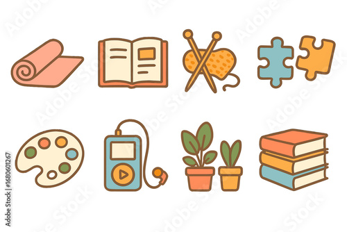 Isolation Hobbies Icons. Flat vector mini-illustrations isolation hobbies and self-care in colors children's illustrations: yoga