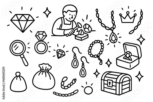 Jewelry Crafting Doodle. Hand-drawn doodle illustration jewelry making with gemstones gemstone, gem cutter, necklace, ring,