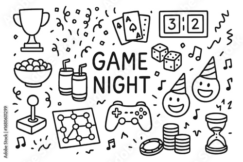 Game Night Doodles. Hand-drawn doodle illustration game night celebration trophies, confetti, scoreboard, playing cards, dice,