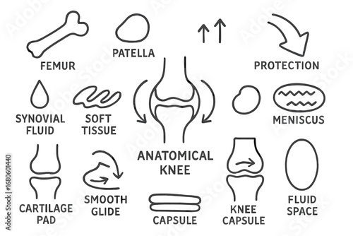Knee Joint Diagram. Hand-drawn doodle illustration knee joint and synovial fluid femur, tibia, patella, synovial fluid icon,