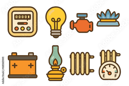 Kids Energy Icons. Flat vector mini-illustrations energy consumption in colors children's illustrations: electricity meter, light