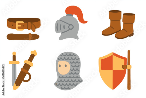 Knight Gear Icons. Flat vector mini-illustrations knight tools and accessories in colors children's illustrations: sword belt,