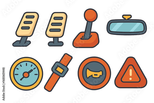 Kid-Friendly Vehicle Icons. Flat vector mini-illustrations vehicle control in colors children's illustrations: accelerator pedal,