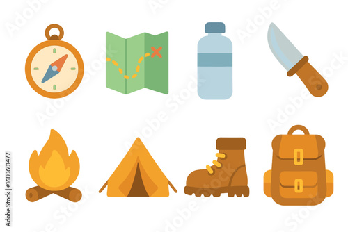 Kids' Survival Gear Icons. Flat vector mini-illustrations SOS outdoor survival in colors children's illustrations: compass, map,