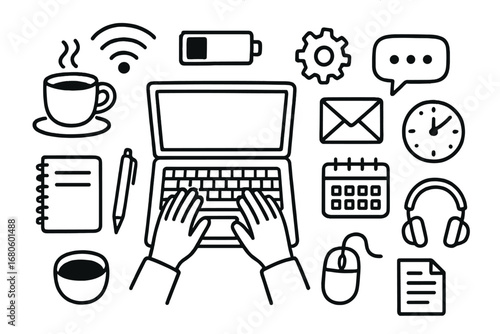 Laptop Essentials Doodle. Hand-drawn doodle illustration Laptop usage laptop, typing hands, coffee cup, notebook, pen, Wi-Fi
