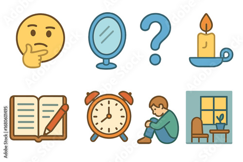 Guilt and Justice Icons. Flat vector mini-illustrations guilt and self-reflection in colors children's illustrations: thinking