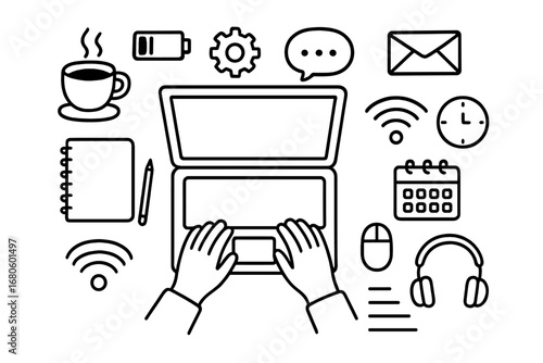 Laptop Essentials Doodle. Hand-drawn doodle illustration Laptop usage laptop, typing hands, coffee cup, notebook, pen, Wi-Fi