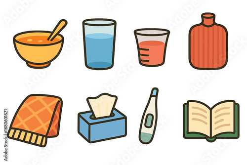 Home Care Essentials. Flat vector mini-illustrations illness and home care in colors children's illustrations: soup bowl, water