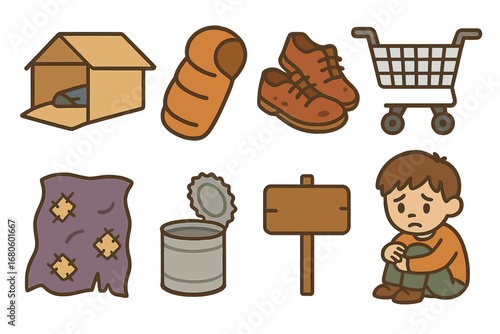 Homelessness Icons for Kids. Flat vector mini-illustrations homelessness in colors children's illustrations: cardboard shelter,