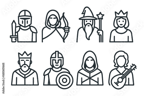 Legendary Heroes Icons. Outline icon set of legendary heroes: knight, archer, wizard, queen, king, warrior, assassin, bard. Line