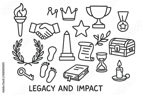 Legacy Symbols Doodle. Hand-drawn doodle illustration legacy and impact torch, crown, trophy, handshake, star, medal, monument,