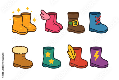 Magical Boots Collection. Flat vector mini-illustrations magical boots in colors children's illustrations: glowing boots, boots