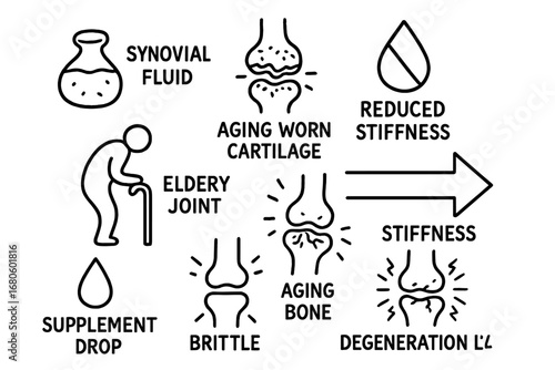Joint Health Icons. Hand-drawn doodle illustration synovial fluid and aging worn cartilage, reduced fluid symbol, dry joint,