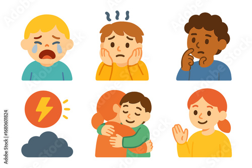 Job Loss Emotions Icons. Flat vector mini-illustrations emotional impact of job loss in colors children's illustrations: crying