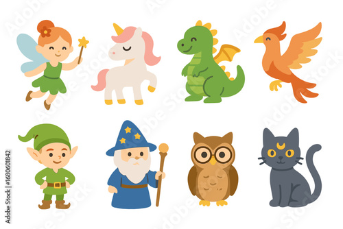 Magical Creatures Grid. Flat vector mini-illustrations magical creatures in colors children's illustrations: fairy, unicorn,
