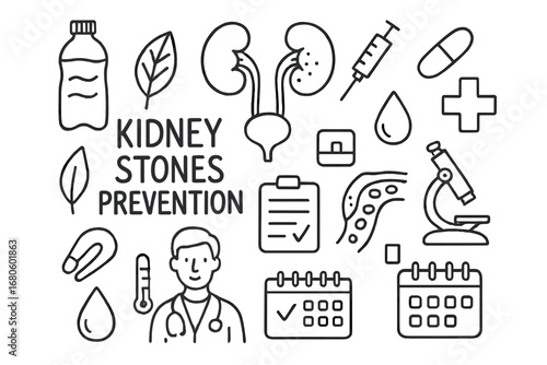 Kidney Health Doodle. Hand-drawn doodle illustration urinary tract kidney stones prevention water bottle, kidneys, ureters,