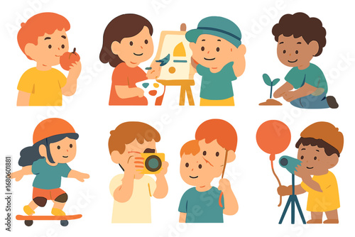 Kids Exploring Creativity. Flat vector mini-illustrations trying new things in colors children's illustrations: kid tasting fruit,
