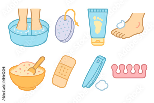 Kids' Foot Care Icons. Flat vector mini-illustrations foot care in colors children's illustrations: foot soak, pumice stone,