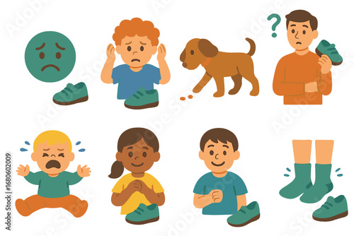 Lost Shoe Adventure. Flat vector mini-illustrations lost shoe emotions in colors children's illustrations: sad face, worried child
