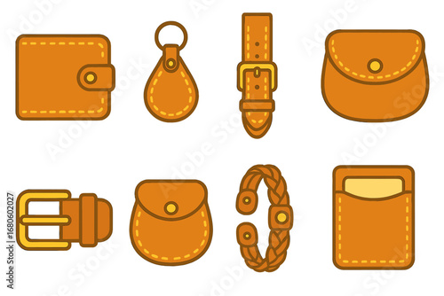 Leather Accessories Grid. Flat vector mini-illustrations leather accessories in colors children's illustrations: leather wallet,
