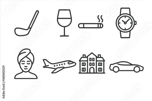 Luxury Lifestyle Icons. Outline icon set of new baron lifestyle: golf club, wine glass, cigar, luxury watch, spa, private jet,