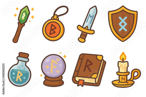 Magical Runes Collection. Flat vector mini-illustrations runes and magic in colors children's illustrations: runes on magical