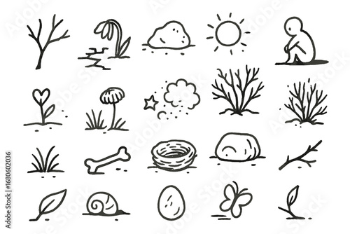 Life's Dual Nature. Hand-drawn doodle illustration lifelessness barrenness dead branch, cracked earth, wilted flower, dry grass,