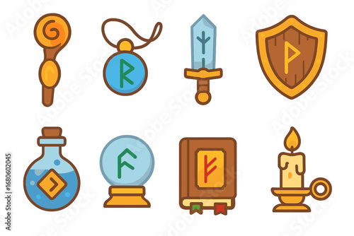 Magical Runes Collection. Flat vector mini-illustrations runes and magic in colors children's illustrations: runes on magical