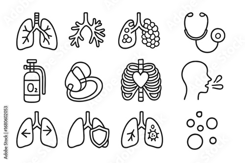 Lung Anatomy Doodles. Hand-drawn doodle illustration lungs lungs, trachea, bronchi, alveoli, stethoscope, oxygen tank, mask,