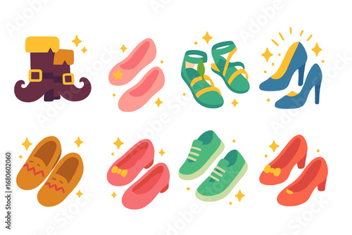 Magical Shoe Collection. Flat vector mini-illustrations magical shoe themes in colors children's illustrations: wizard’s boots,