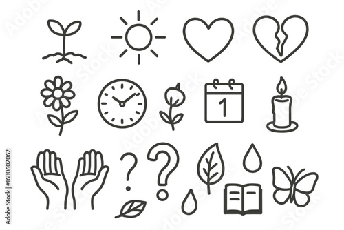 Life's Dual Nature. Hand-drawn doodle illustration lifelessness barrenness dead branch, cracked earth, wilted flower, dry grass,
