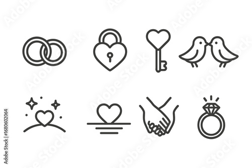 Love Icon Set. Outline icon set of love and affection: intertwined rings, heart lock, key, lovebirds, starry sky, sunset, holding