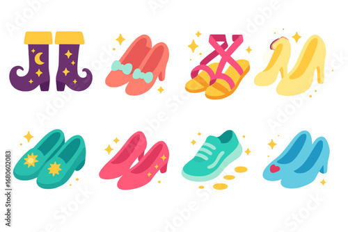 Magical Shoe Collection. Flat vector mini-illustrations magical shoe themes in colors children's illustrations: wizard’s boots,
