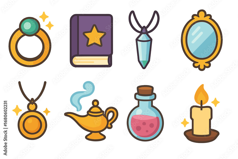 Fototapeta premium Magical Enchanted Objects. Flat vector mini-illustrations enchanted objects in colors children's illustrations: magic ring, spell