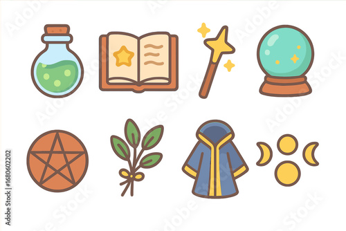 Magical Elements Grid. Flat vector mini-illustrations magical ritual in colors children's illustrations: glowing potion, spellbook