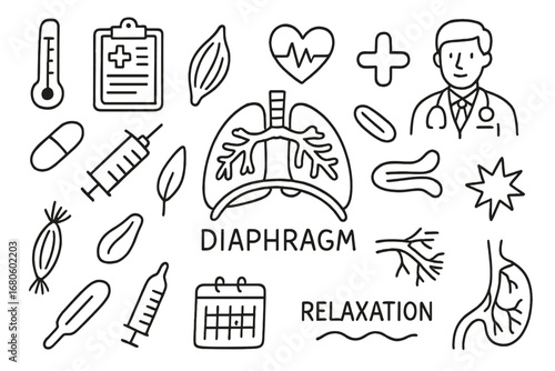 Medical Doodle Icons. Hand-drawn doodle illustration diaphragm diaphragm relaxation diaphragm, lungs, rib cage, muscle, nerve,