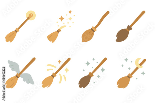 Magical Broomstick Icons. Flat vector mini-illustrations flying broomsticks in colors children's illustrations: broom with glowing