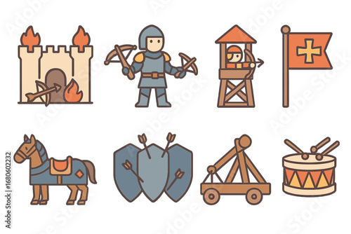 Medieval Battle Icons. Flat vector mini-illustrations medieval crossbow battles in colors children's illustrations: castle siege,