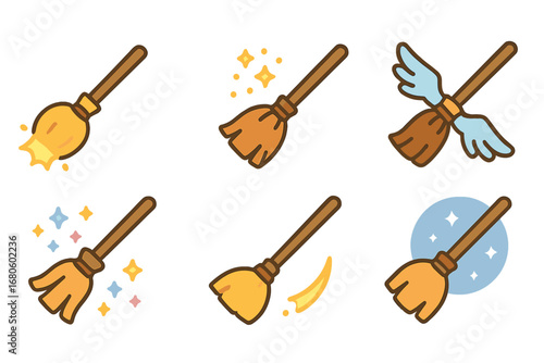 Magical Broomstick Icons. Flat vector mini-illustrations flying broomsticks in colors children's illustrations: broom with glowing
