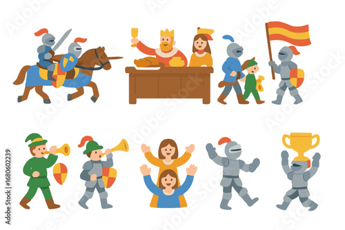 Medieval Festival Icons. Flat vector mini-illustrations knight festivals and tournaments in colors children's illustrations: