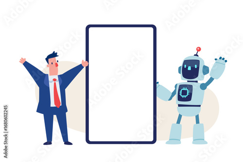 businessman and robot giving a presentation next to a blank screen