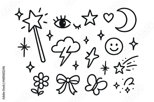 Magical Doodle Elements. Hand-drawn doodle illustration winking magic wand, star, sparkle, wink eye, moon, cloud, lightning bolt,