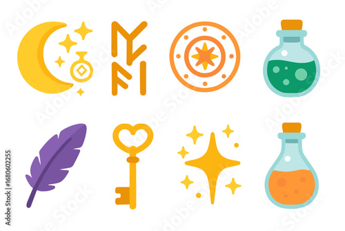 Magical Kids' Icons. Flat vector mini-illustrations new moon magic symbols in colors children's illustrations: crescent moon,