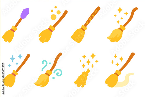 Magical Broomstick Icons. Flat vector mini-illustrations fantasy broomsticks in colors children's illustrations: broom with
