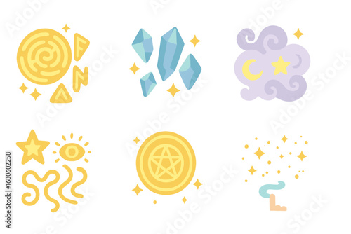 Magical Labyrinth Icons. Flat vector mini-illustrations magical labyrinth in colors children's illustrations: glowing runes,