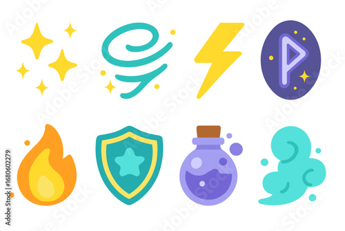 Magical Effects Icons. Flat vector mini-illustrations fairy tale spells and magic effects in colors children's illustrations: