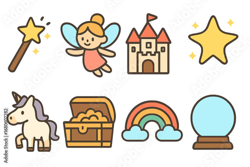 Magical Fairy Tale Icons. Flat vector mini-illustrations hope in fairy tales in colors children's illustrations: magic wand, fairy