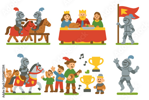 Medieval Festival Icons. Flat vector mini-illustrations knight festivals and tournaments in colors children's illustrations: