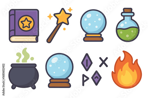 Magical Spell Icons. Flat vector mini-illustrations witch spells in colors children's illustrations: spell book, magic wand,
