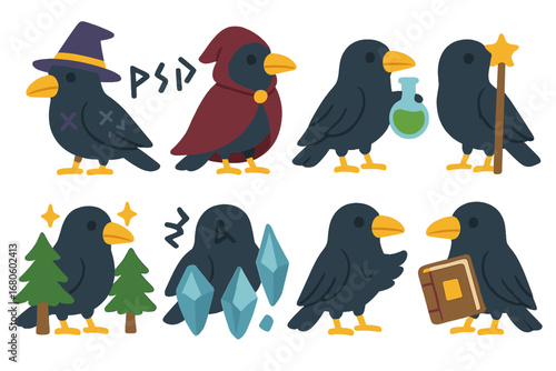Magical Ravens Icons. Flat vector mini-illustrations raven in folklore in colors children's illustrations: raven with wizard hat,